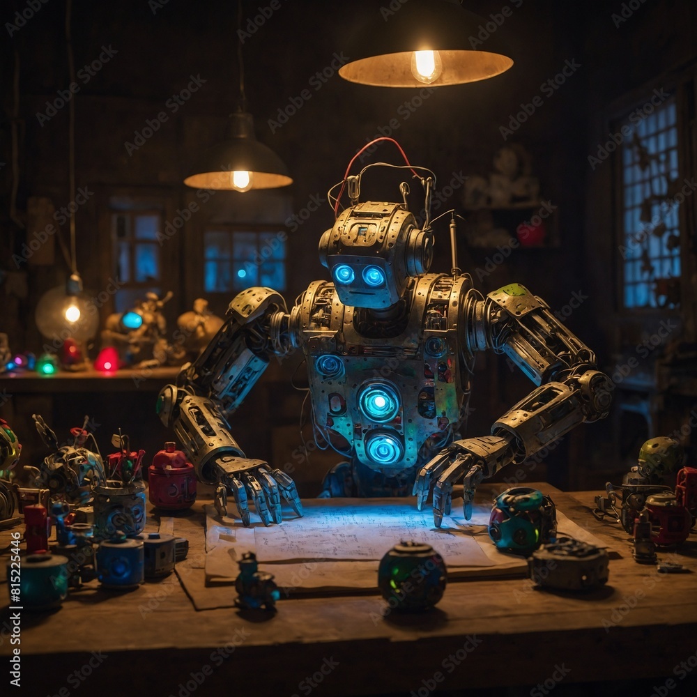 Fototapeta premium Large robot, illuminated by blue lights, stands as focal point in room filled with smaller robots. Room, dimly lit, adorned with wooden surfaces, exudes aura of antiquity. Robots.