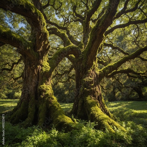 Sunlight filters through branches of majestic  ancient tree covered in green moss  illuminating lush vegetation below. Trees gnarled branches stretch out.