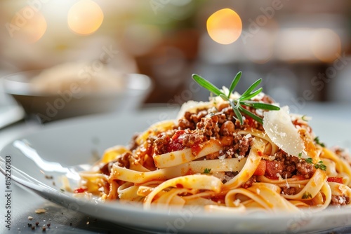 Elegantly plated Italian pasta dish, such as tagliatelle with a rich bolognese sauce, garnished with fresh herbs and Parmesan shavings