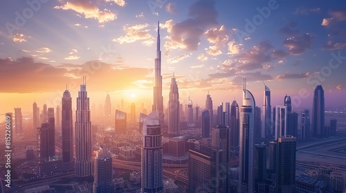 Dubai city 3d concept background. amazing city center skyline with luxury skyscrapers at sunrise  United Arab Emirates