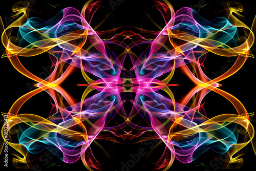 Enigmatic neon patterns intertwining in a kaleidoscope of vibrant colors. Captivating on black background.