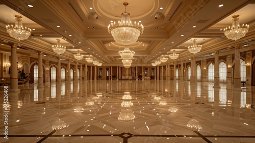 Luxurious grand hall with marble floors, ornate golden columns, and lavish chandeliers photo