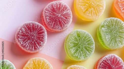 colorful sugar-coated gummy candies on gradient background