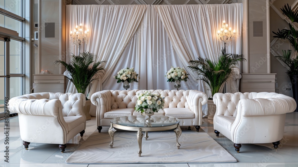 Stylish wedding lounge area with elegant furniture. Luxurious wedding reception lounge