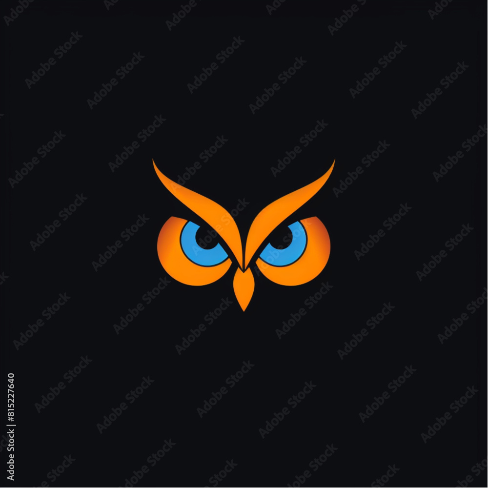 Owl logo design, simple lines, vector graphics, symmetrical composition, flat , dark background color scheme, orange and blue tones of owl eyes, abstract outline shapes.