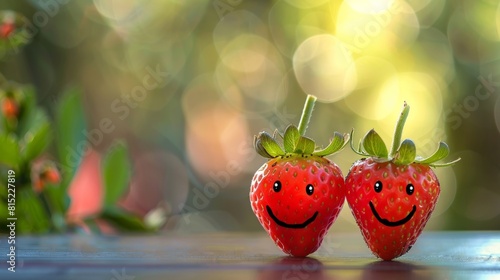 Two couple strawberry with smiley faces on a desk. International Friendship Day Concept.