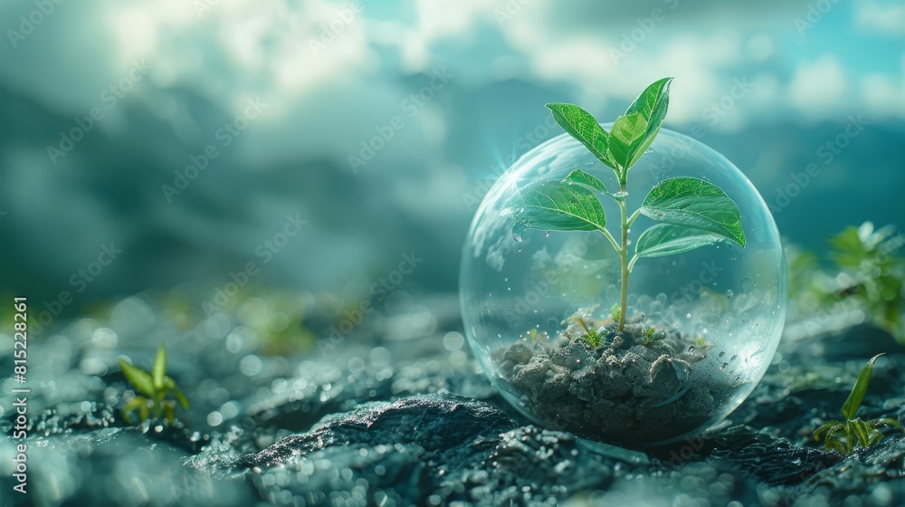 eco-friendly decor, a green plant in a glass dome against a clear sky background showcases the vital link between clean air and a sustainable environment eco-friendly decor, a green plant in a glass dome against a clear sky background showcases the vital link between clean air and a sustainable environment
