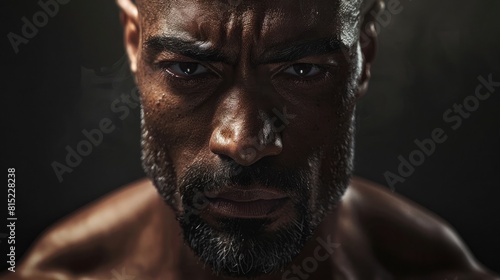 African American male, 40s, shaved head, goatee, stoic expression, high - contrast studio lighting realistic