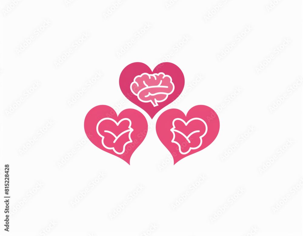 Logo design, two or three hearts combined with the brain shape to form logo elements for love and creativity on a white background