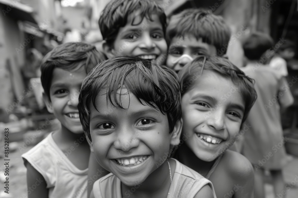 Group of happy Indian kids smiling at the camera. Black and white. Group of happy Indian kids smiling at the camera. Black and white.