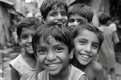 Group of happy Indian kids smiling at the camera. Black and white.