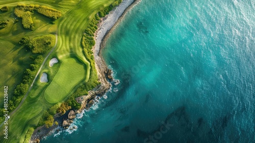 aerial view of the green of the golf course with blue sea realistic