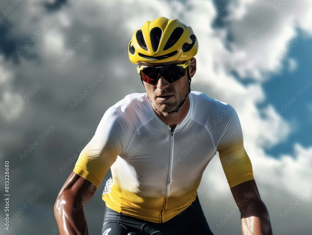 dynamic image of a cyclist racing under stormy skies, in the best young cyclist white jersey, at the tour de france dynamic image of a cyclist racing under stormy skies, in the best young cyclist white jersey, at the tour de france