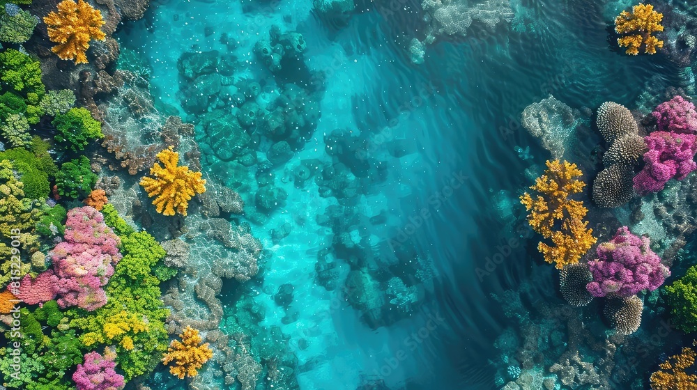 Fototapeta premium Aerial view of a vibrant coral reef teeming with diverse marine life, clear waters, wide angle, bright daylight
