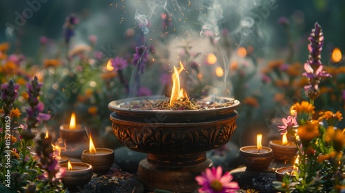 summer solstice ceremony, during the summer solstice rituals, the air is infused with the scent of burning herbs and incense, evoking a mystical ambiance photo