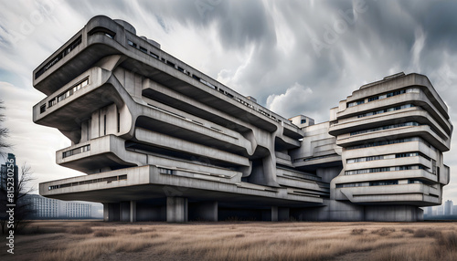 large concrete retro futuristic brutalist apartment building in an urban landscape