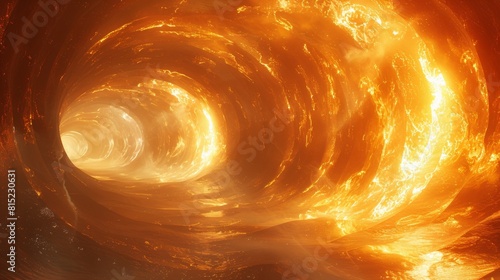 A very large orange and yellow tunnel with fire coming out of it, AI