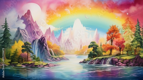 A Fantasy Landscape Illustration with a Colorful Sunset and Rainbow over a Mountainous River Scene