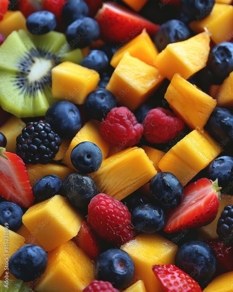 Fresh assorted medley of mango, kiwi, strawberries, and raspberries fruit and berry mix Fresh assorted medley of mango, kiwi, strawberries, and raspberries fruit and berry mix