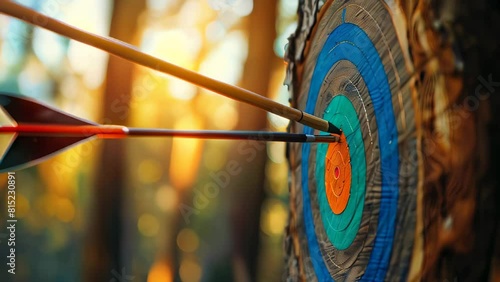 Arrow precisely hitting bullseye on target photo
