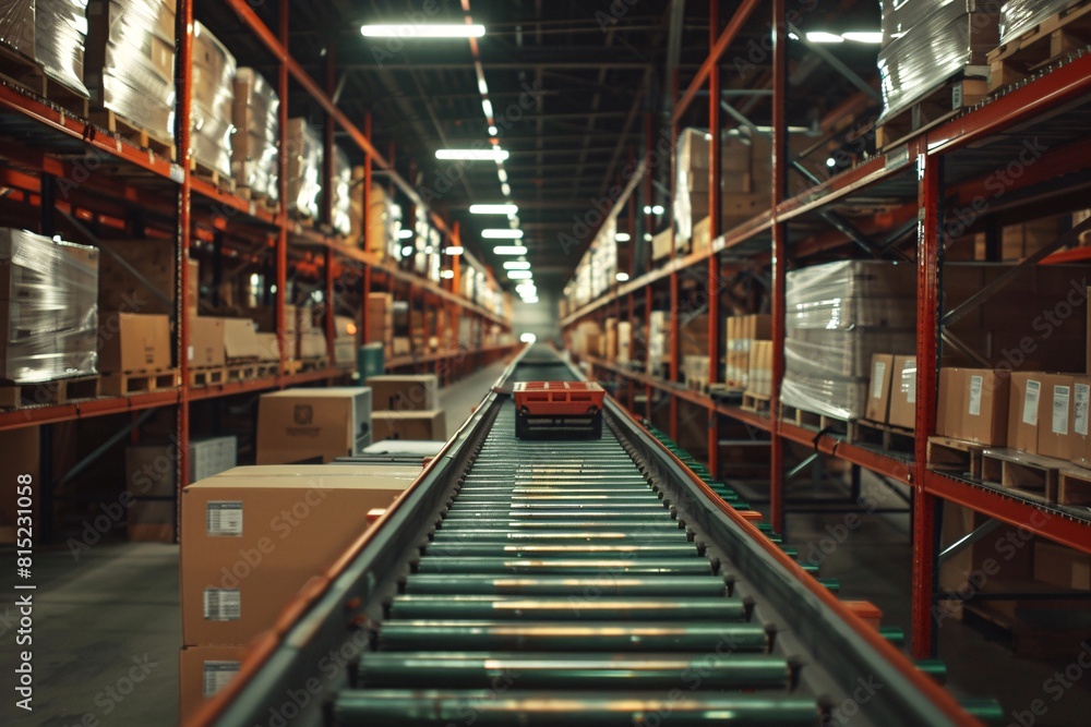A conveyor belt in a busy warehouse transporting various boxes filled with goods and products A conveyor belt in a busy warehouse transporting various boxes filled with goods and products