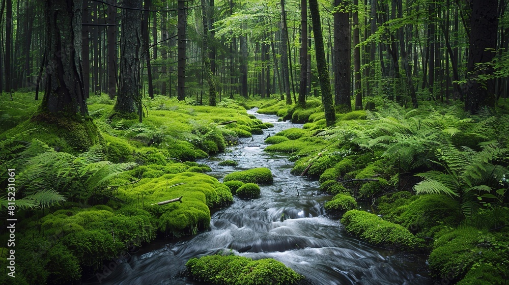 Obraz premium A lone figure stands amidst a dense forest canopy