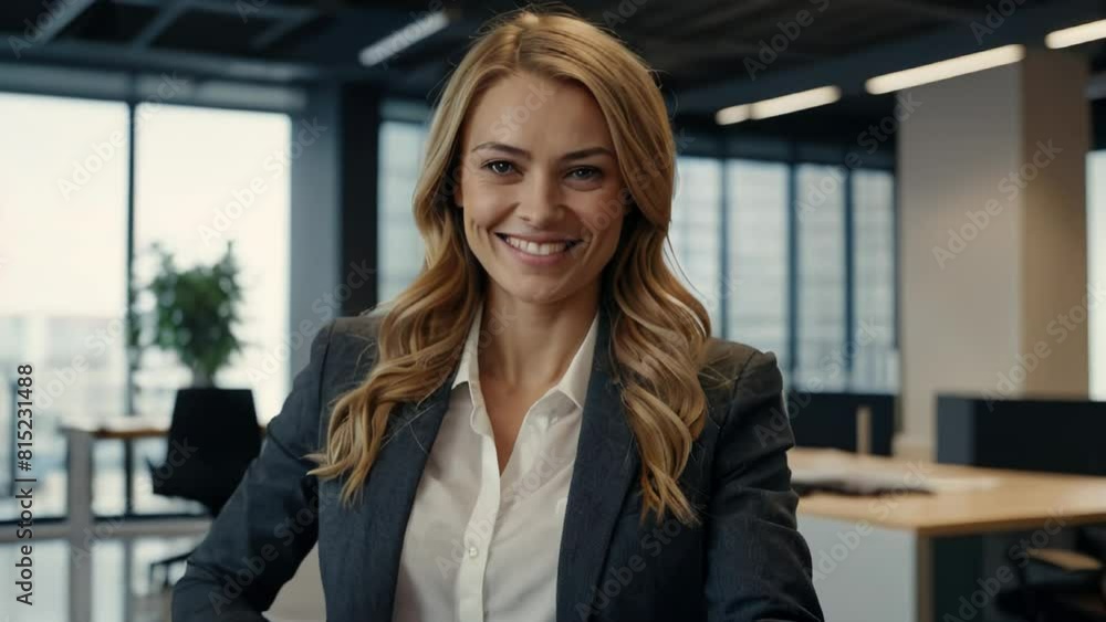 Business woman with her staff, people group in background at modern bright office indoors Business woman with her staff, people group in background at modern bright office indoors