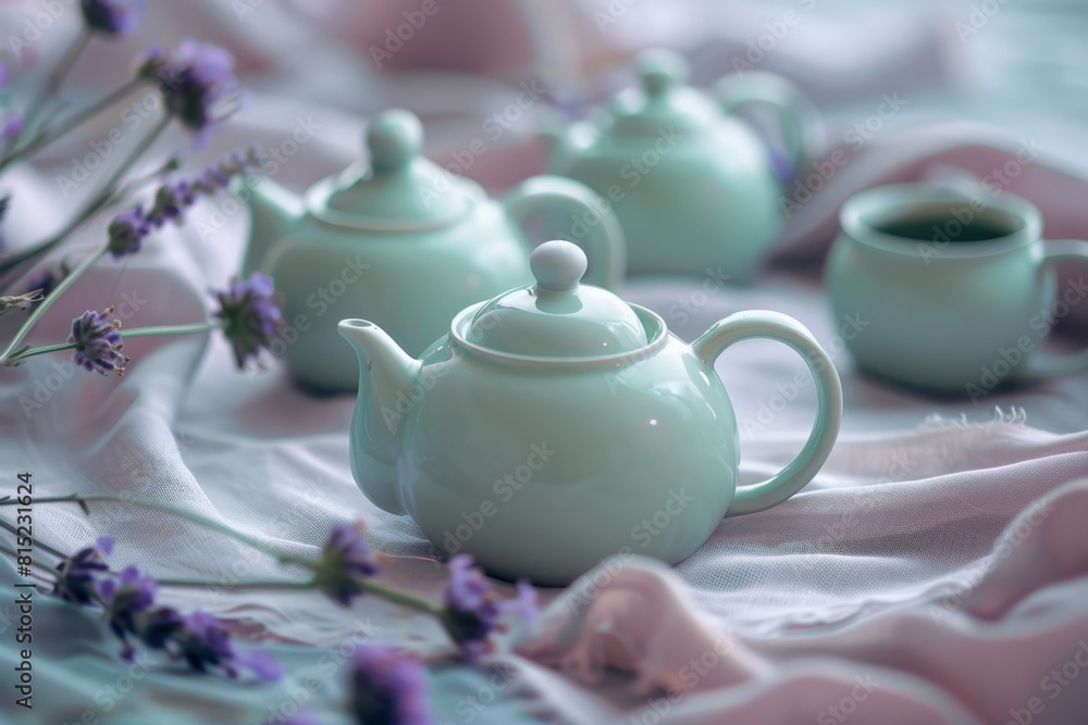 Delicate tea set on a soft lavender background with dried flowers, creating a serene and tranquil tea time atmosphere.

