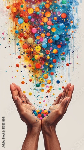 poster representing two hands together,colorful dots, solidarity, happinness, hands out with colorful balls dropping, tan background photo