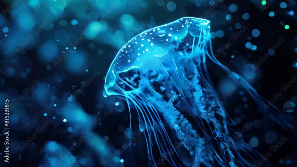 Glowing blue jellyfish underwater with light particles Glowing blue jellyfish underwater with light particles