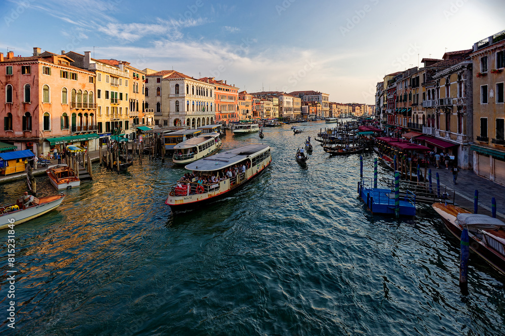 Grand Canal, Venice with View of the river and city historical architecture. with gondolas in Venice, Italy. in winter time.