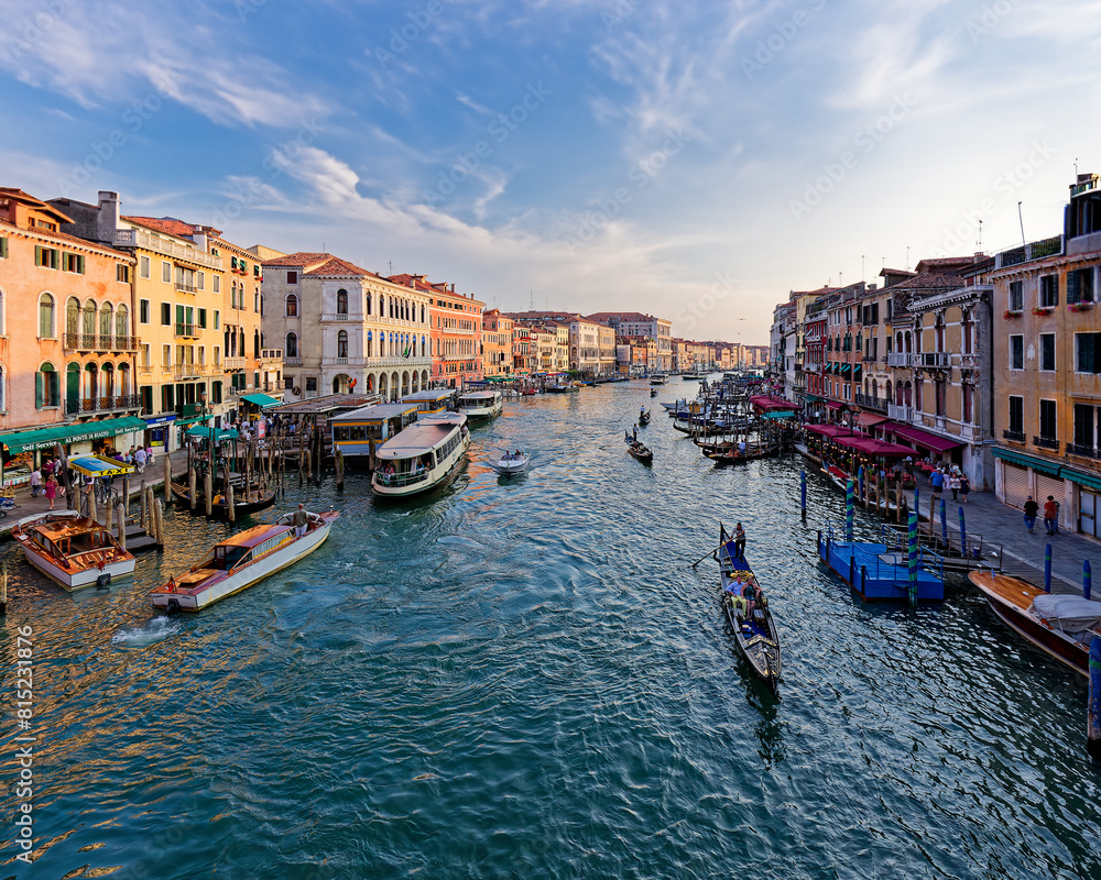 Grand Canal, Venice with View of the river and city historical architecture. with gondolas in Venice, Italy. in winter time.