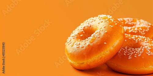 Two delicious donuts with sesame seeds on an orange background. photo