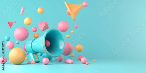 Wallpaper Mural 3D rendering of a blue megaphone with pastel colored balls and geometric shapes on a blue background. Torontodigital.ca