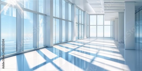 Bright modern empty room with floor to ceiling windows.