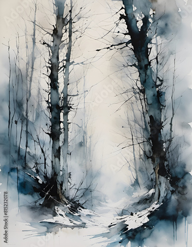 watercolor painting of woodland trees on snow covered ground in winter