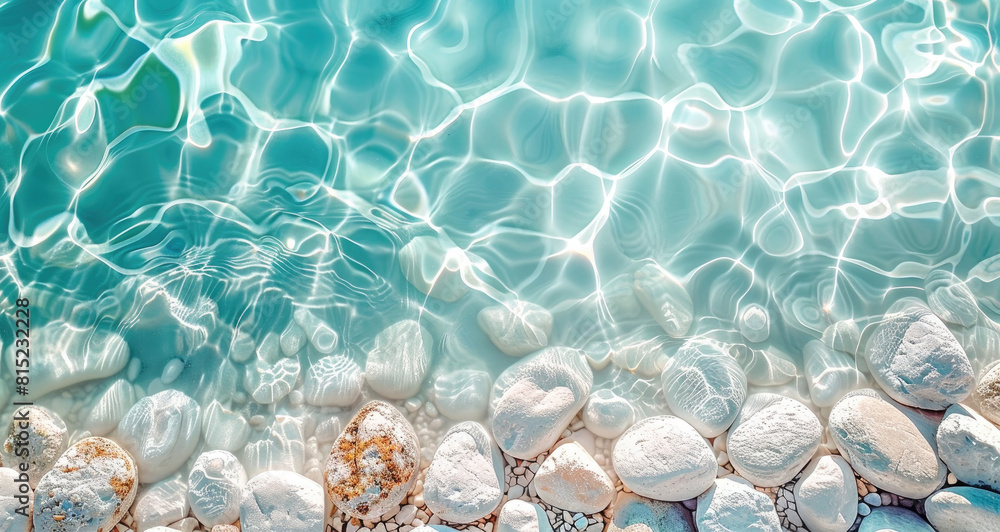 Clear Blue Waters and White Stones on a Quiet Beach, A Relaxing Background Clear Blue Waters and White Stones on a Quiet Beach, A Relaxing Background
