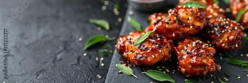 Hot and spicy chicken wings with sesame seeds and herbs on a black background.