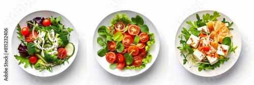 Three plates of salad with lettuce  cucumber  tomato and egg.