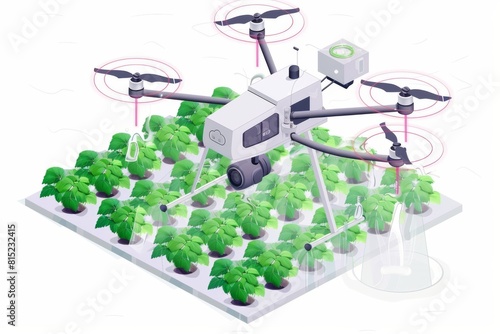 Isometric graphic of a drone used in agricultural research, flying over a high tech farm landscape