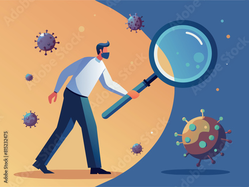 Tiny man with magnifier examining germs on giant hand stock illustration