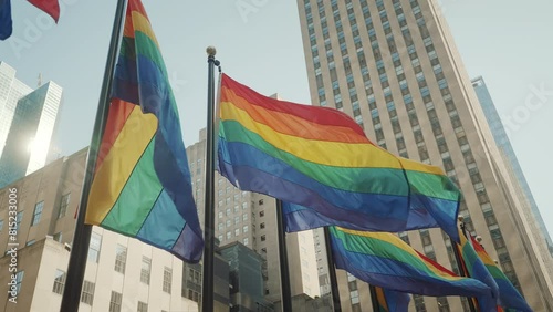 Colorful pride flags waving in slow motion in New York City. Pride flags moving in wind with NYC skyscrapers in the background. 