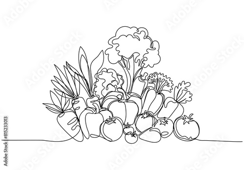 Different vegetables in continuous one line art style. Simple vector illustration