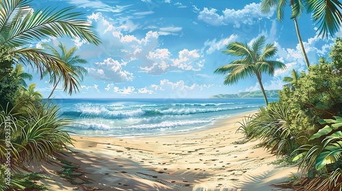 panorama of golden sands and swaying palms  a beach wallpaper takes shape  with clear blue skies 