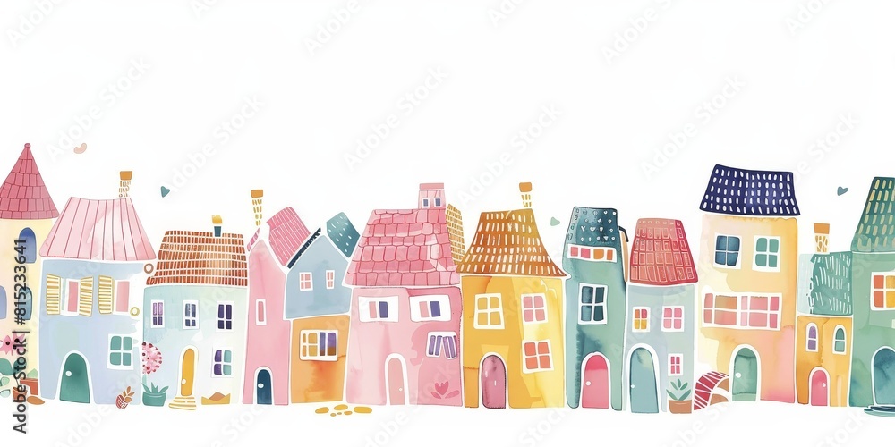 A row of cute and colorful houses in a whimsical watercolor style. A row of cute and colorful houses in a whimsical watercolor style.
