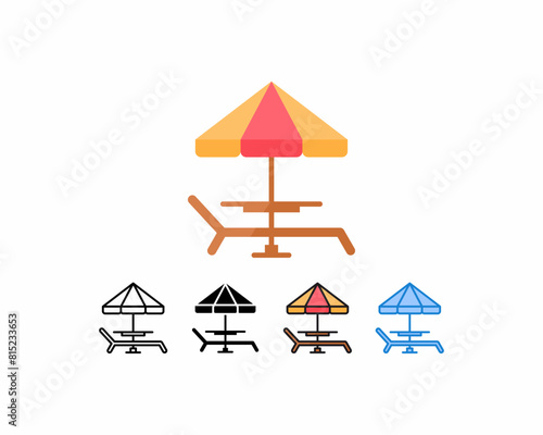 
Beach chair with icon set of 5 different umbrella styles. Line, glyph, blue, outline, and flat contain colorful versions. Perfect for web design and more