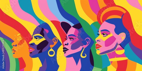 Four colorful women face in profile with bright rainbow background.