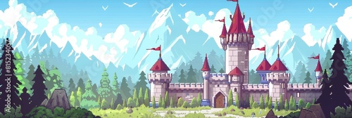The image is a pixel art of a fantasy castle. The castle is surrounded by green hills and mountains. The sky is blue and there are some clouds.