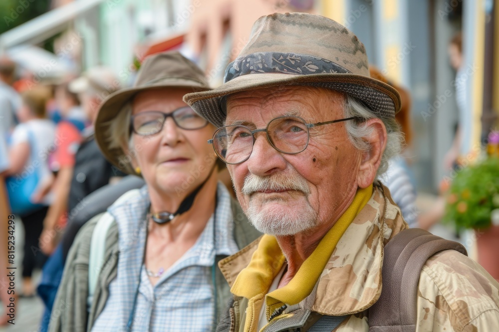 Portrait of an old man and a young woman in a hat on the street Portrait of an old man and a young woman in a hat on the street