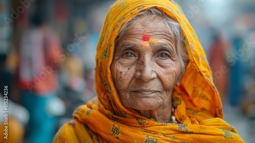 intergenerational wisdom, in a bustling citys quiet corner, an elderly indian woman sits peacefully, her wise and resilient stories etched on her wrinkled face from generations past